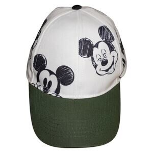 Disney Mickey Mouse Baseball Cap White Black Sketch Print Green Visor Snapback
